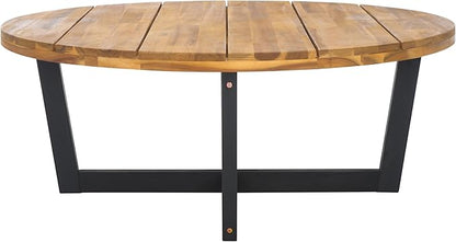 SAFAVIEH Outdoor Collection Leo Natural/Black 4-Leg Round Coffee Table, Ideal for Deck, Patio, Backyard, Sunroom