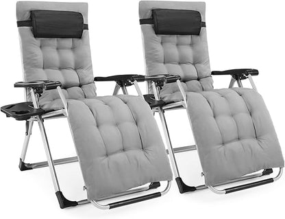 DUMOS Set of 2 Zero Gravity Chair, Reclining Camping Lounge Chair for Outdoor, Reclining Patio Chairs with Cup Holder Trays and Removable Cushion, Folding Recliner for Indoor, Grey