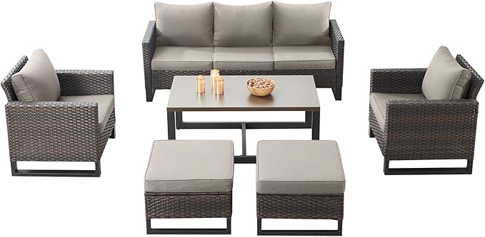 Rilyson Wicker Outdoor Patio Furniture Set - 6 Piece Patio Conversation Set with 2 Armrest Chairs,2 Rattan Ottoman,1 Couch and 1 Metal Side Table for Outside Porch Deck Backyard(Brown/Grey)