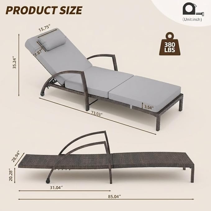 Outdoor Chaise Lounge Set of 2, 5-Position Adjustable PE Wicker Reclining Chairs with Wheels & 3.5" Cushions, 400 lbs Capacity All-Weather Patio Furniture for Poolside, Garden, Beach(Gray)