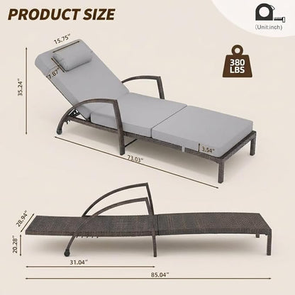 Outdoor Chaise Lounge Set of 2, 5-Position Adjustable PE Wicker Reclining Chairs with Wheels & 3.5" Cushions, 400 lbs Capacity All-Weather Patio Furniture for Poolside, Garden, Beach(Gray)