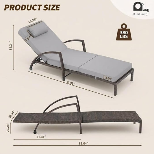 Outdoor Chaise Lounge Set of 2, 5-Position Adjustable PE Wicker Reclining Chairs with Wheels & 3.5" Cushions, 400 lbs Capacity All-Weather Patio Furniture for Poolside, Garden, Beach(Gray)