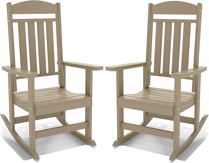 Outdoor Rocking Chairs Set of 2, Oversized High Back Patio Rocking Chairs, All Weather Porch Rocking Chairs for Outside. Brown