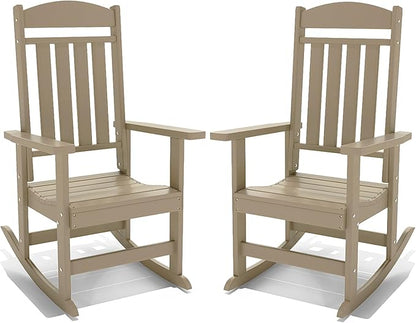 Outdoor Rocking Chairs Set of 2, Oversized High Back Patio Rocking Chairs, All Weather Porch Rocking Chairs for Outside. Brown