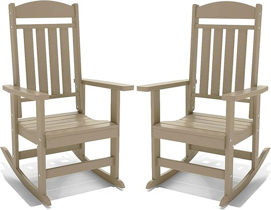 Outdoor Rocking Chairs Set of 2, Oversized High Back Patio Rocking Chairs, All Weather Porch Rocking Chairs for Outside. Brown
