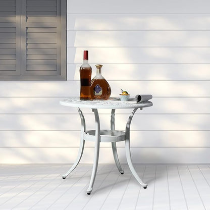 Bonnlo 23.6 Inch Cast Aluminum Outdoor Side Table with Umbrella Hole, Anti-Rust Coffee Bistro Table for Outdoor, Patio, Garden, Porch, Balcony End Table (Round, White)