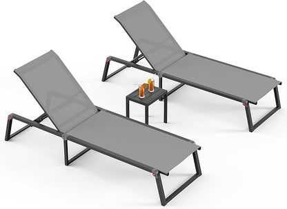 Aluminum Pool Lounge Chairs Set of 2 with 1 Side Table, Foldable Outdoor Chaise Lounge 5-Position Lounge Chirs for Outside Poolside, Fully Grounded Legs Sun Lounger for Beach, Yard, Dark Grey