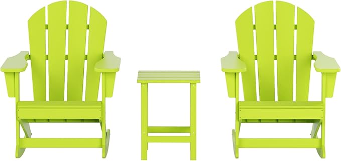 WO WESTIN OUTDOOR HDPE Laguna Outdoor Rocking Poly Adirondack Chair with Side Table 3-Piece Set, Lime