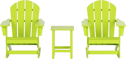 WO WESTIN OUTDOOR HDPE Laguna Outdoor Rocking Poly Adirondack Chair with Side Table 3-Piece Set, Lime