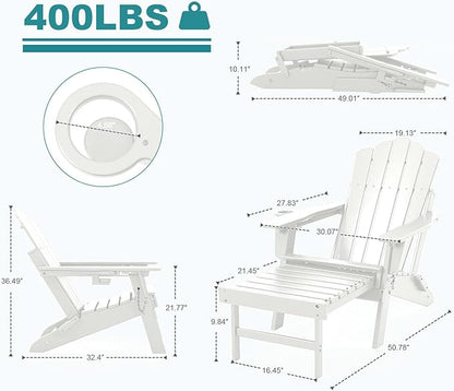 FOOWIN Adjustable Adirondack Chair with Retractable Ottoman Set of 4, Folding Adirondack Chair with Cup Holder, HDPE All-Weather Fire Pit Chair for Patio, Yard, Poolside, White