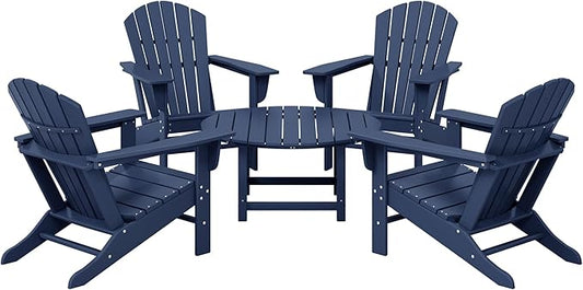 WestinTrends Dylan 5-Piece Outdoor Patio HDPE Adirondack Chair with Round Coffee Table Conversation Set, Navy Blue
