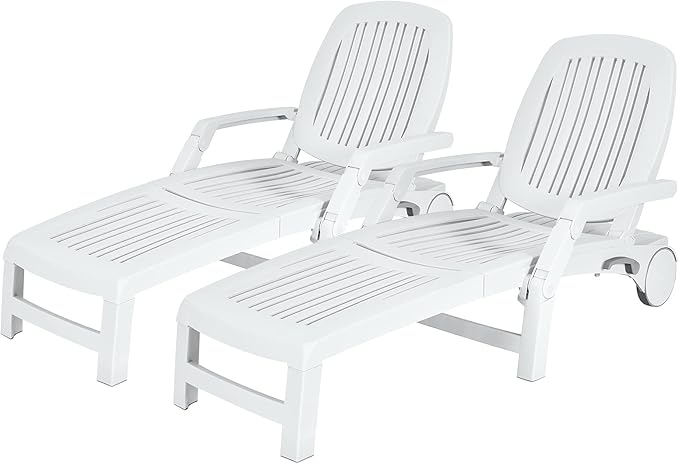 Tangkula Outdoor Chaise Lounge Chair, 5-Position Adjustable Recliner with Storage Box and Flexible Wheels, All-Weather Folding Patio Lounge Chair for Poolside, Beach and Backyard (2, White)