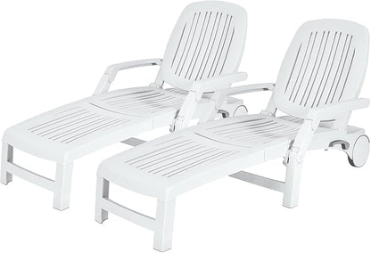 Tangkula Outdoor Chaise Lounge Chair, 5-Position Adjustable Recliner with Storage Box and Flexible Wheels, All-Weather Folding Patio Lounge Chair for Poolside, Beach and Backyard (2, White)