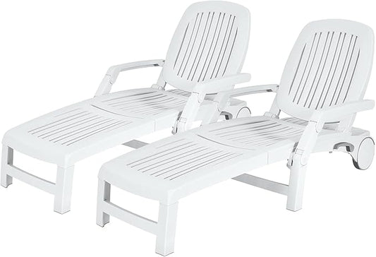 Tangkula Outdoor Chaise Lounge Chair, 5-Position Adjustable Recliner with Storage Box and Flexible Wheels, All-Weather Folding Patio Lounge Chair for Poolside, Beach and Backyard (2, White)