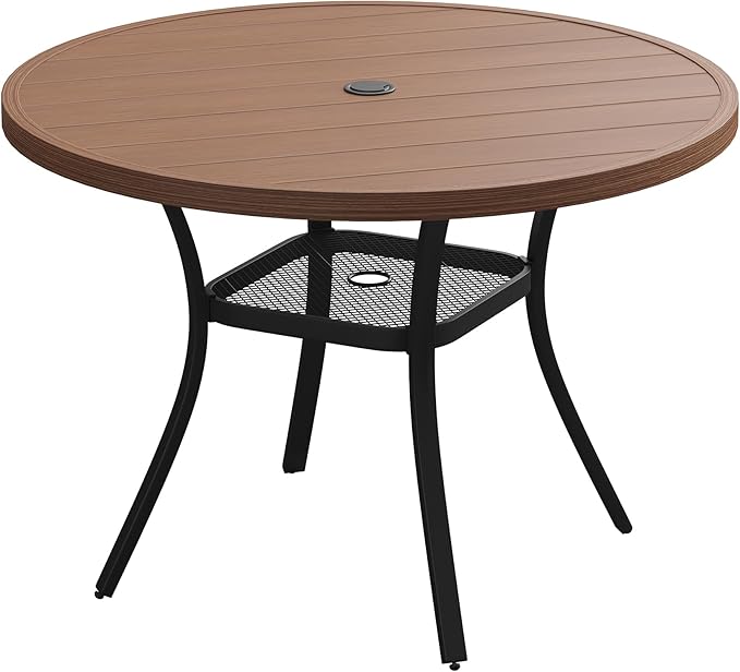 Patio Dining Table for 4, Round Metal Outdoor Table with Storage Shelf, 1.57" Umbrella Hole, 41" Outdoor Slat Tabletop Dining Table for Backyard, Porch, Lawn, Walnut