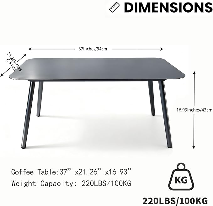 All-Weather Aluminum Outdoor Coffee Table | Modern & Durable Patio Furniture | Perfect for Balcony, Garden, and Poolside | Black (37 x 21.2 x16.5 in)