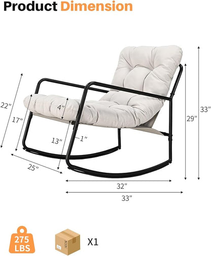 Outdoor Rocking Chair, Metal Patio Rocking Chair, Indoor Rocking Chair with Cushion, Papasan Rocking Lounge Chair, Comfy Modern Rocker Chair for Porch, Living Room, Garden, Backyard, Off-White