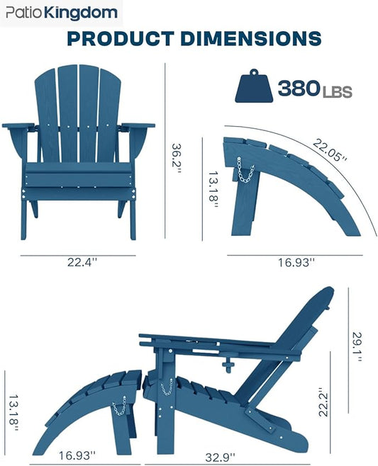 Navy Blue 6-Piece Folding Adirondack Chair Set with Cup Holders, Ottomans, Side Table & Beige 9FT Patio Umbrella with Base, HDPE Outdoor Chairs
