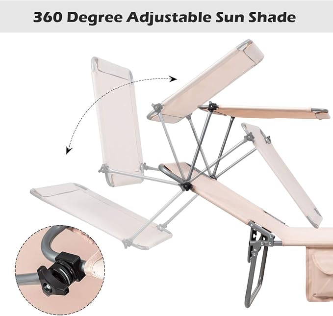 Giantex Tanning Chair, Patio Chaise Lounge Chair with 5 Adjustable Position, Shade Canopy, Storage Pocket, Camping Cot, Outdoor Sunbathing Recliner for Poolside, Lawn Folding Beach Chairs(1, Beige)
