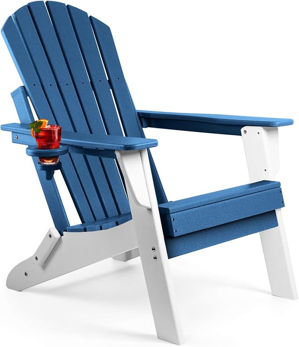 FUNBERRY Folding Adirondack Chair, Blue & White All Weather HDPE Fire Pit Chairs with Cup Holder for Outdoor - Photo 1