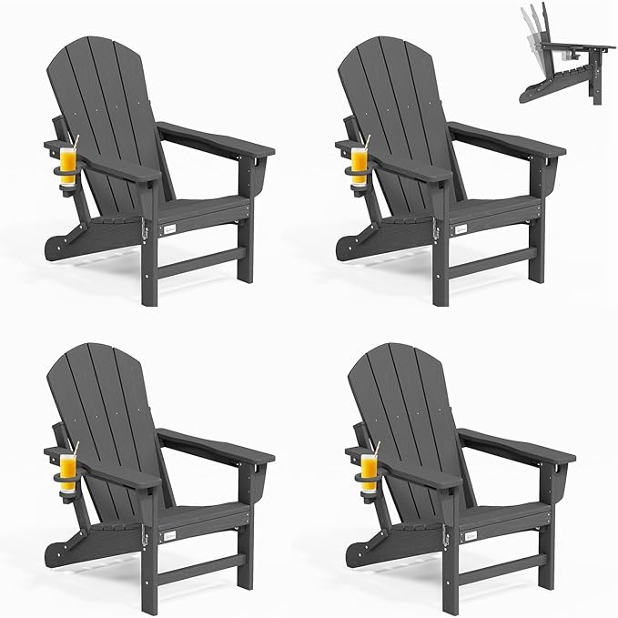 Mdeam 3-Position Adjustable Adirondack Chairs Set of 4, 400LBS Capacity, Cup Holder, Wooden Textured, All-Weather HDPE Folding Fire Pit Outdoor Chairs for Poolside Deck Patio Garden Yard Lawn - Grey