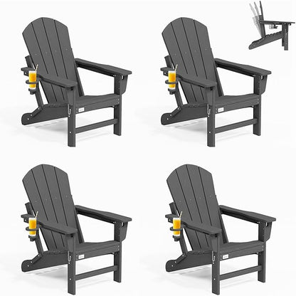 Mdeam 3-Position Adjustable Adirondack Chairs Set of 4, 400LBS Capacity, Cup Holder, Wooden Textured, All-Weather HDPE Folding Fire Pit Outdoor Chairs for Poolside Deck Patio Garden Yard Lawn - Grey