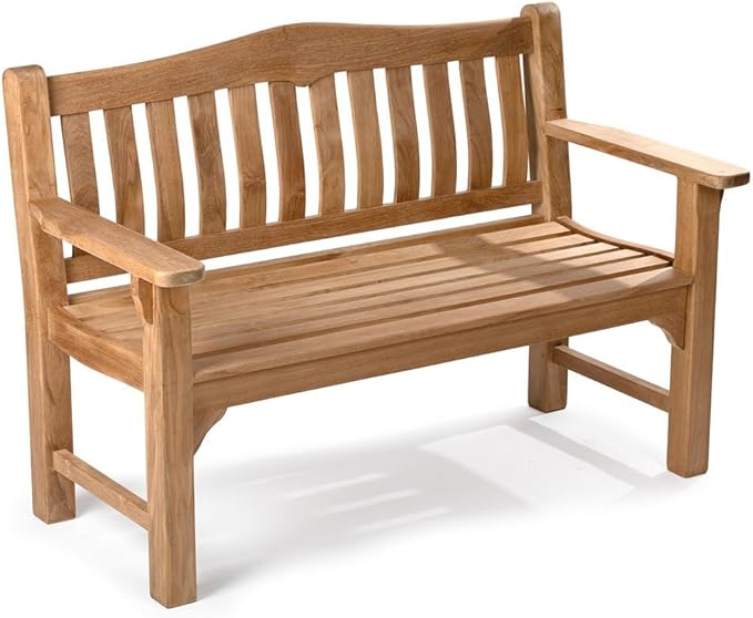 Ash & Ember Hawthorne Grade A Teak 53" Bench, Seats 2 People Comfortably, Weather Resistant Indoor Outdoor Solid Wood Patio Furniture with Tightly Spaced Slats, Bowed Back, Armrests