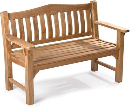 Ash & Ember Hawthorne Grade A Teak 53" Bench, Seats 2 People Comfortably, Weather Resistant Indoor Outdoor Solid Wood Patio Furniture with Tightly Spaced Slats, Bowed Back, Armrests