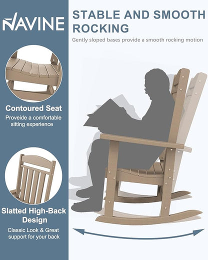 3-Piece Outdoor Rocking Chair Set, Oversized Porch Rocking Chair Set of 2 with Side Table, HDPE High Back Patio Rocking Chair, Suitable for Patio, Porch, Backyard, Brown
