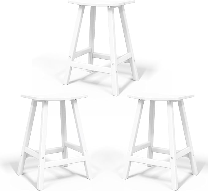 Costaelm All-Weather Bar Stools Set of 3, 24" Height Outdoor Bar Stools, Adirondack Poly Patio Bar Stool for Patio, Deck, Kitchen Counter and Garden,White