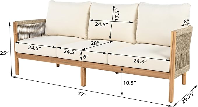 Christopher Knight Home Havets 77"W Outdoor 3 Seater Sofa, 6" Thick Cushion Couch, Acacia Wood Bench Sofa, Comfy Woven Rope Armchair, Spacious Seating Bench Couch for Backyard Garden Porch, Teak+Beige