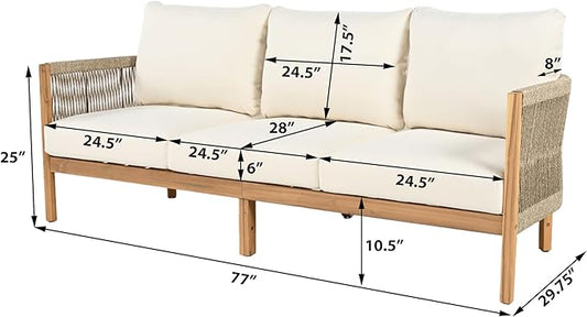 Christopher Knight Home Havets 77"W Outdoor 3 Seater Sofa, 6" Thick Cushion Couch, Acacia Wood Bench Sofa, Comfy Woven Rope Armchair, Spacious Seating Bench Couch for Backyard Garden Porch, Teak+Beige