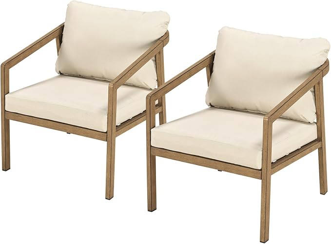 Teak Patio Sofa Chairs Set of 2, Never-Rust Aluminum Outdoor Armchair with Removable Cushions, All Weather 2 Pieces Outdoor Club Chairs, Outdoor Sofa Chairs for Garden, Porch, Balcony | Never-Rust, Wraparound Design, Wood-Grain Texture, All Weather, Re...
