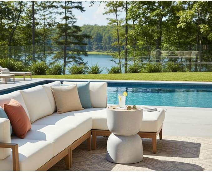 Christopher Knight Home Ema 22"H Lightweight Concrete Outdoor Side Table with Storage, Hourglass Shaped Patio End Table, MGO Outdoor Coffee Table, No Assembly Garden Plant Stand Indoor, White+Natural