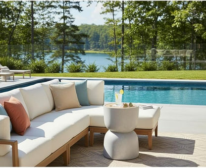 Christopher Knight Home Ema 22"H Lightweight Concrete Outdoor Side Table with Storage, Hourglass Shaped Patio End Table, MGO Outdoor Coffee Table, No Assembly Garden Plant Stand Indoor, White+Natural