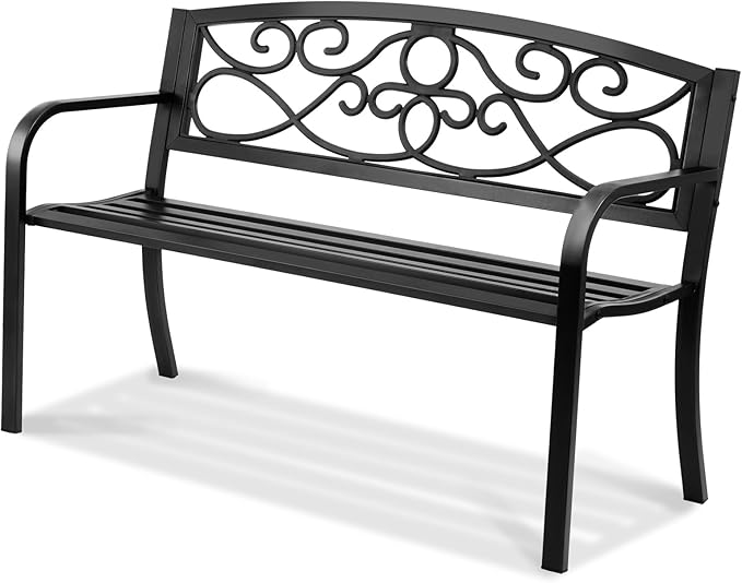 Happybuy 50-Inch Metal Outdoor Garden Bench, 550 lbs Load Capacity, Patio Bench with Backrest & Armrests, Durable Bench for Park, Yard, Garden, Porch