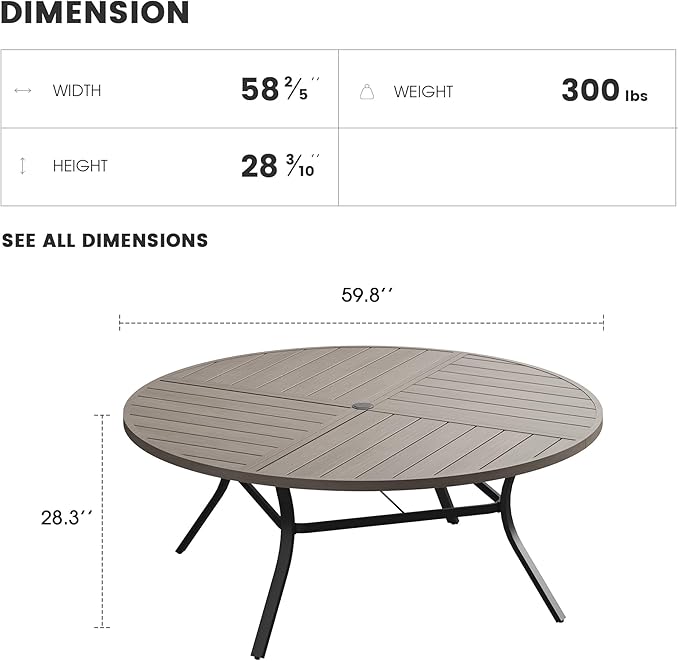 Patio Dining Table for 8-10, Round Metal Outdoor Table with Storage Shelf, 1.57" Umbrella Hole, 60" Outdoor Quartered Tabletop Dining Table for Backyard, Porch, Lawn, Grey