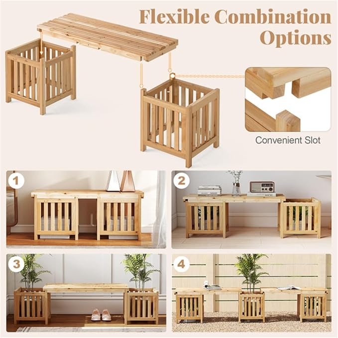 Wooden Garden Bench with Planter Boxes, Outdoor Patio Seat with Built-in Flower Pots, Rustic Elevated Planter Bench for Yard, Lawn, Backyard Seating & Gardening, Wooden Garden Benches with Planters