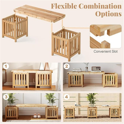 Wooden Garden Bench with Planter Boxes, Outdoor Patio Seat with Built-in Flower Pots, Rustic Elevated Planter Bench for Yard, Lawn, Backyard Seating & Gardening, Wooden Garden Benches with Planters