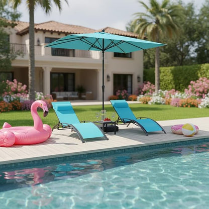PURPLE LEAF Patio Chaise Lounge with 10' x 6.5' Tilt Umbrella Outdoor Lounge Chair Beach Pool Sunbathing Lawn Lounger, Base and Side Table Included, Turquoise Blue