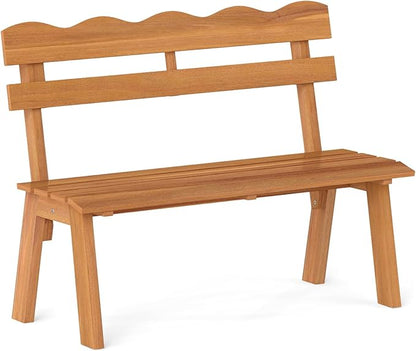 Tangkula Acacia Wood Outdoor Bench with Backrest, 2-Person Patio Garden Bench with Waved Backrest and Slatted Seat, 800 lbs Weight Capacity, Outside Loveseat for Front Porch, Balcony, Backyard, Park