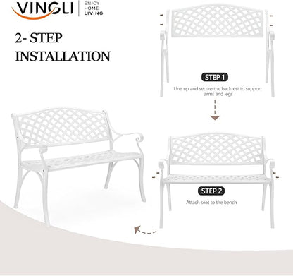 VINGLI 40.5" Patio Garden Bench,Anti- Rust Cast Iron Cast Aluminum Frame for Outdoor Path Yard Lawn Work Entryway Decor Deck (White)