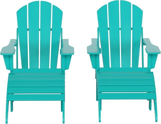 WestinTrends Malibu Outdoor Lounge Chair Set, 4-Pieces Adirondack Chair Set of 2 with Ottoman, All Weather Poly Lumber Patio Lawn Folding Chair for Outside Pool Beach, Turquoise
