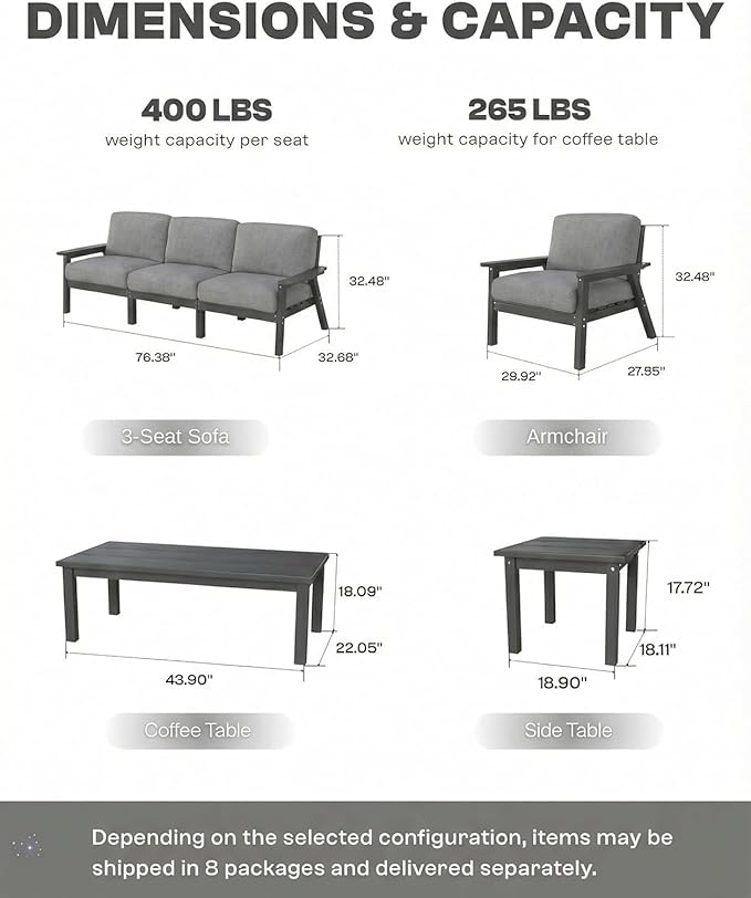 HDPE Patio Furniture Set 10 Seats, Outdoor Couch with Washable Thick Gray Cushions & Coffee Table & Side Table, Outdoor Sectional Furniture for Backyard, Deck, Lawn, Porch (Gray Frame)
