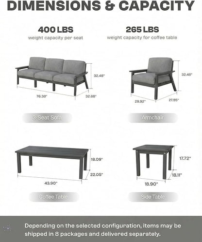HDPE Patio Furniture Set 10 Seats, Outdoor Couch with Washable Thick Gray Cushions & Coffee Table & Side Table, Outdoor Sectional Furniture for Backyard, Deck, Lawn, Porch (Gray Frame)
