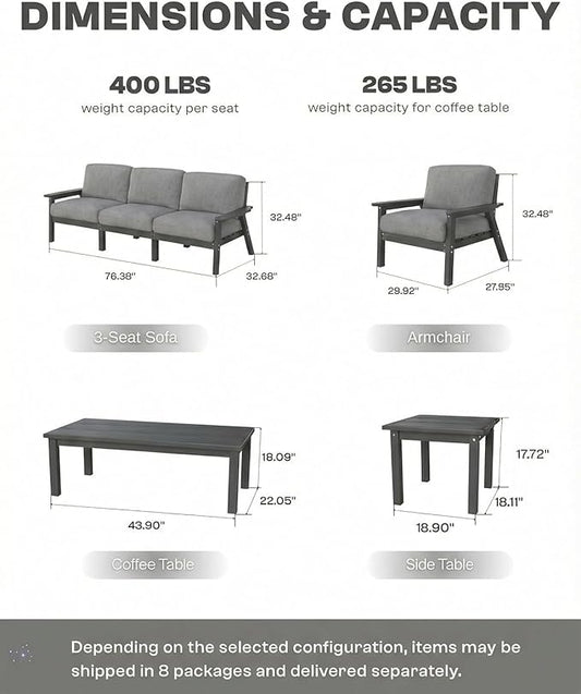 HDPE Patio Furniture Set 10 Seats, Outdoor Couch with Washable Thick Gray Cushions & Coffee Table & Side Table, Outdoor Sectional Furniture for Backyard, Deck, Lawn, Porch (Gray Frame)