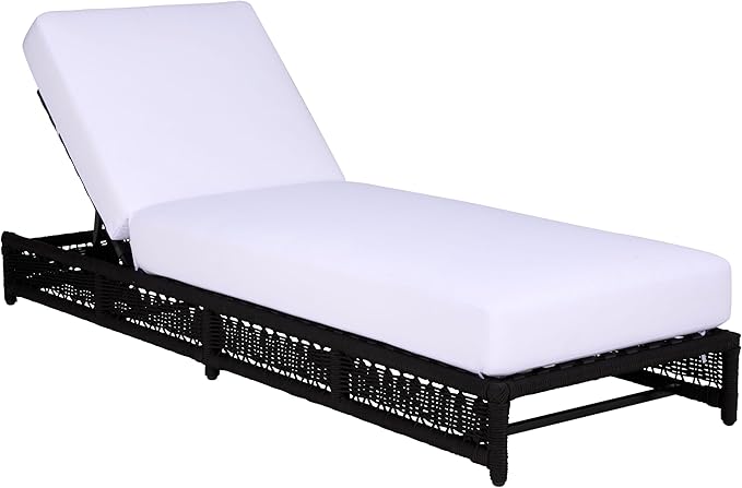 SAFAVIEH Outdoor Patio Furniture Collection – Callan Black Rope & White Cushion Lounger, Fully Assembled Outdoor Chaise, Modern Low-Profile Design (PAT7546B)