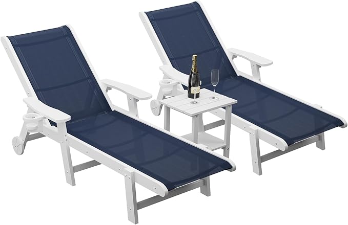 Outdoor Chaise Lounge Chair with Table Set of 3, 5-Position Adjustable Pool Lounge Chair with Wheels & Cup Holder - Photo 1
