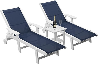 Outdoor Chaise Lounge Chair with Table Set of 3, 5-Position Adjustable Pool Lounge Chair with Wheels & Cup Holder, HDPE Patio Lounge Chair with Textilene Surface for Outside Pool (Navy Blue)