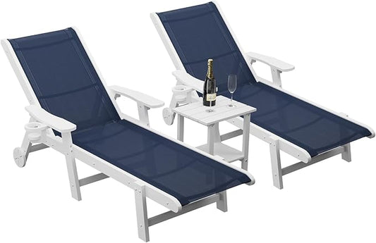 Outdoor Chaise Lounge Chair with Table Set of 3, 5-Position Adjustable Pool Lounge Chair with Wheels & Cup Holder, HDPE Patio Lounge Chair with Textilene Surface for Outside Pool (Navy Blue)